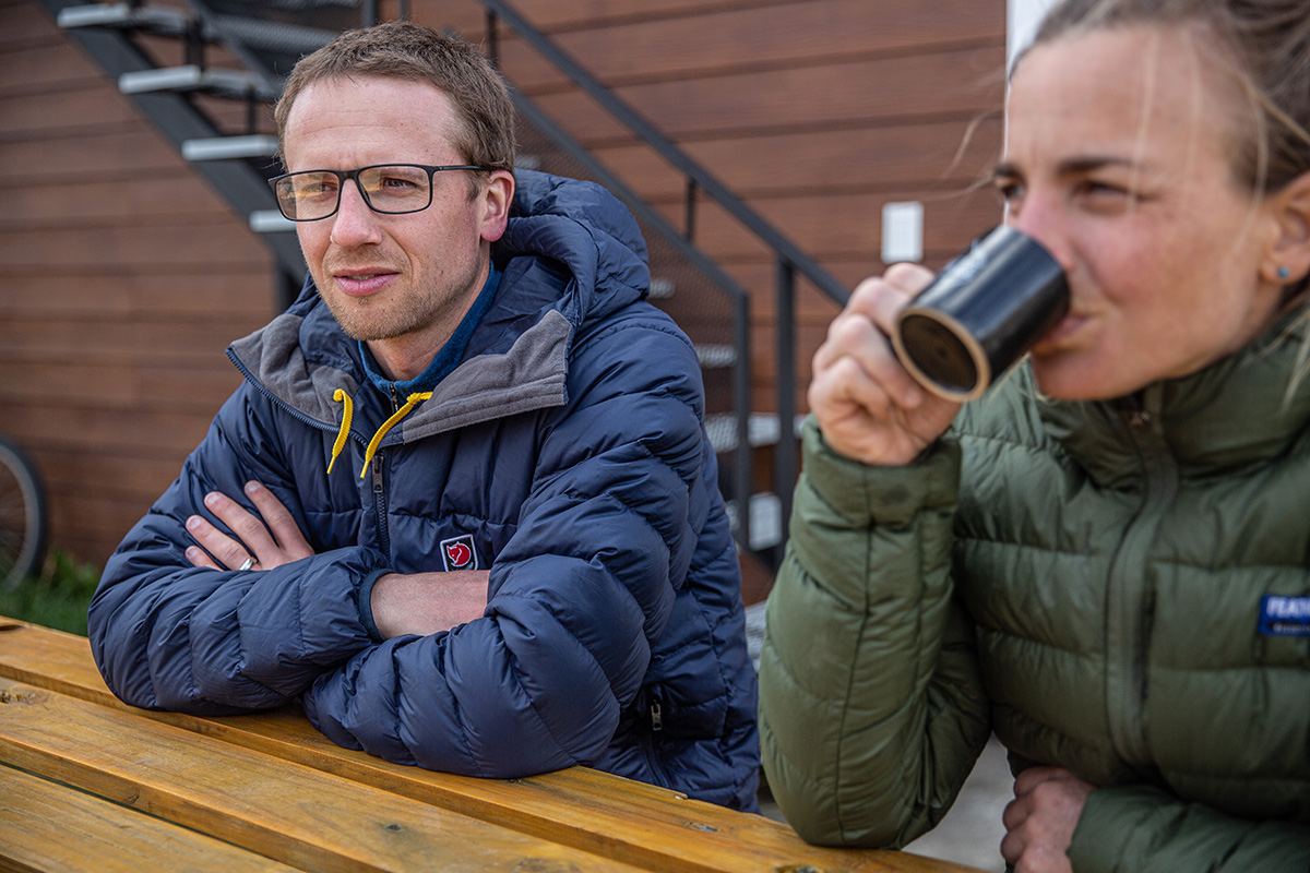 Fjallraven Expedition Pack Down Hoodie (drinking coffee outdoors)